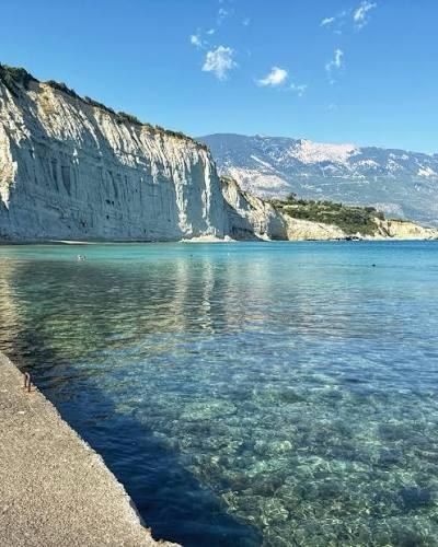 White cliffs and clear blue water on the Kefalonia coast