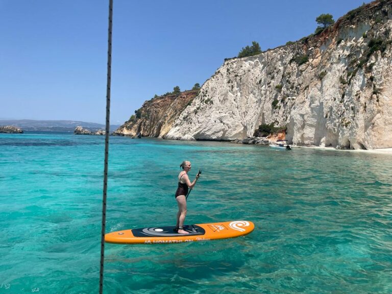 Paddleboarding in turquoise Kefalonian water