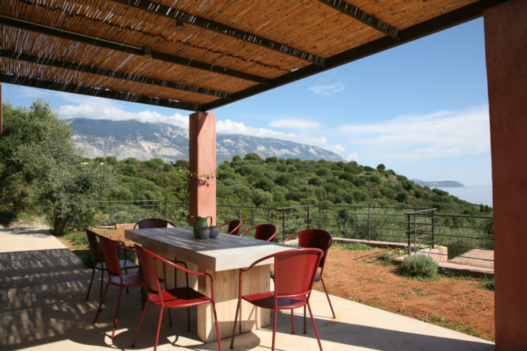 Veranda view over olive groves to Mount Aenos and the Ionian sea